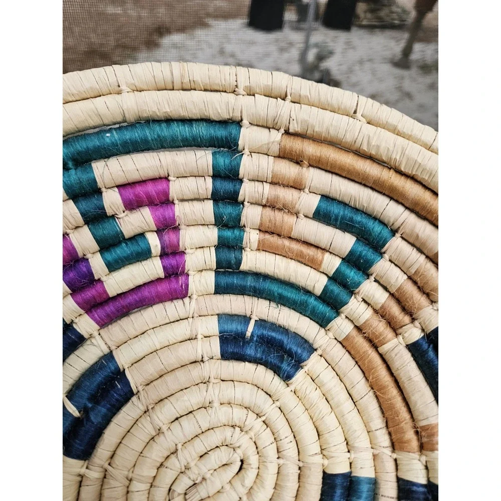 Southwestern Handwoven Coil Boho Basket Bowl Geometric Colorful Handles 13